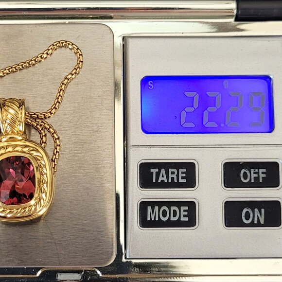 David Yurman Albion 18K Yellow Gold Pink Tourmaline Pendant & Box Chain Necklace - Picture 11 of 15